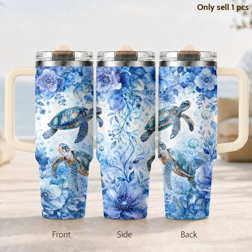 Marine Animal Turtle Vacuum Flasks 40oz 3rd Gen Vacuum Insulated Stainless Steel Tumbler Cup with Handle Straw Lid for Gifts