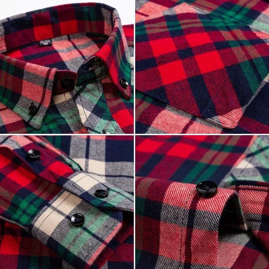 Autumn Thick Flannel Shirt Plaid Shirts Standard-Fit For Men Long Sleeve Pure Cotton Fashion Single Patch Pocket Design Young