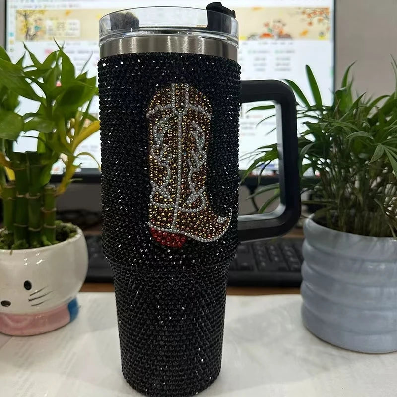 Diamond Bling Handle Cup Rhinestone Tumbler Vaccum Steel Stainless Bottle Thermal Insulation Kettle Coffee Mug Handcraft Gift