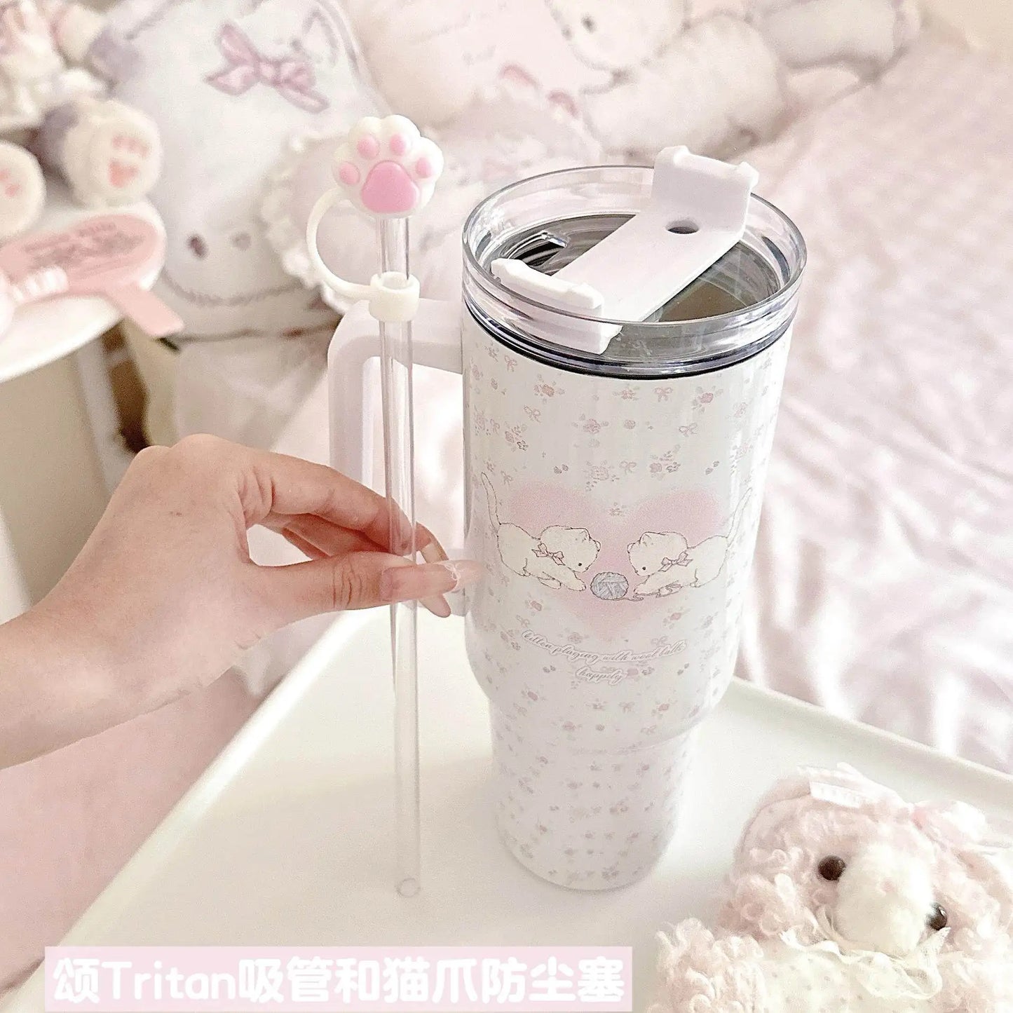 Large Cat Tumbler - Cute 304 Stainless Steel Straw Mug, Insulated Water Bottle for Home Car,Leak Proof Travel Cup,Gift for Women