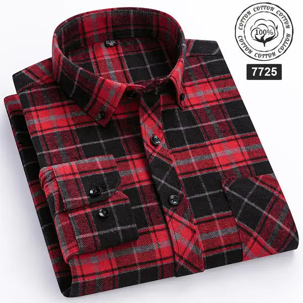 Autumn Thick Flannel Shirt Plaid Shirts Standard-Fit For Men Long Sleeve Pure Cotton Fashion Single Patch Pocket Design Young