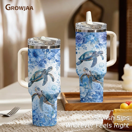 Marine Animal Turtle Vacuum Flasks 40oz 3rd Gen Vacuum Insulated Stainless Steel Tumbler Cup with Handle Straw Lid for Gifts