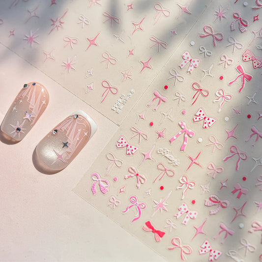 Thin and Tough Nails Sticker 3D Cute Pink Starry Sky Nail Art Stickers Long Bows Ribbon Self Adhesive Nail Decoration Decals DIY