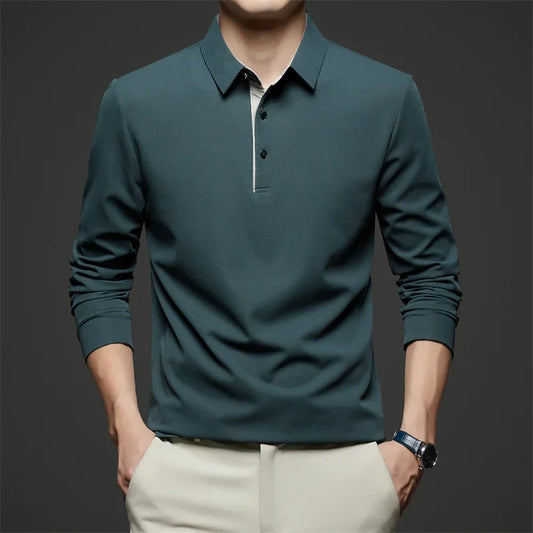New Men's Business Casual Long Sleeve Solid Color Polo Shirt Fashionable Warm Comfortable Four Seasons Versatile Top