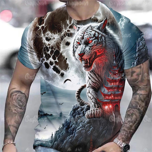 Tiger Print T-Shirt 3D Animal Men's Shirts Summer Short Sleeved Male Pullover Oversized T-shirts Casual Tops Tees Men Clothing