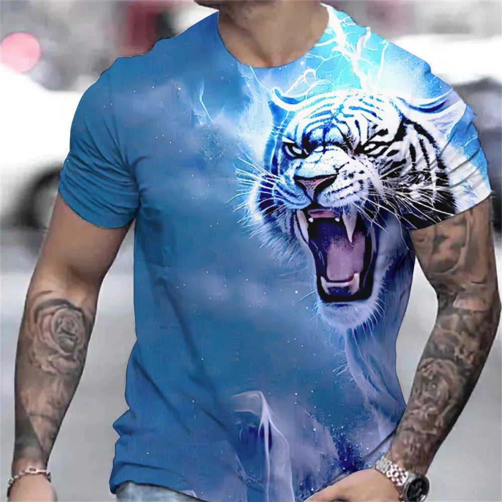 Tiger Print T-Shirt 3D Animal Men's Shirts Summer Short Sleeved Male Pullover Oversized T-shirts Casual Tops Tees Men Clothing