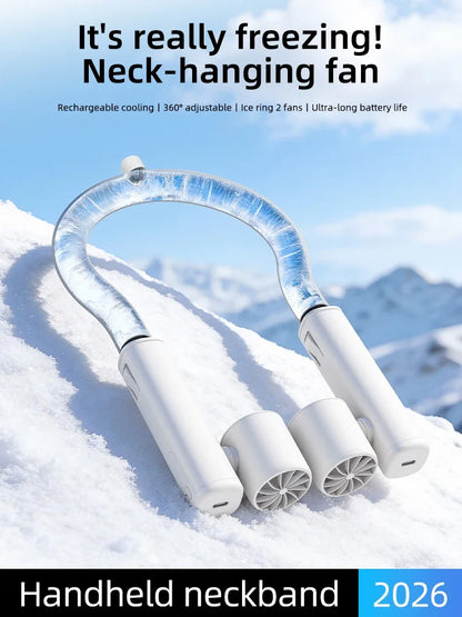 Detachable Ice-Cool Neck Fan, 360° Cooling with Freezable Ice Ring , 3 Speeds, Large Battery, Hands-Free for Outdoor, Commuting