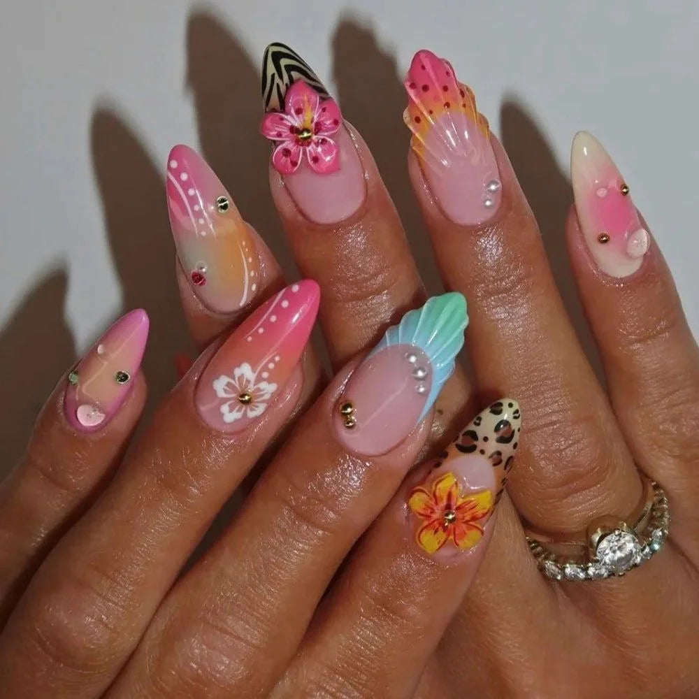 24Pc False Nails with Glue Almond Black Red Gradient Design Detachable Rhinestone Acrylic Fake Nail Long Stiletto Press on Nails