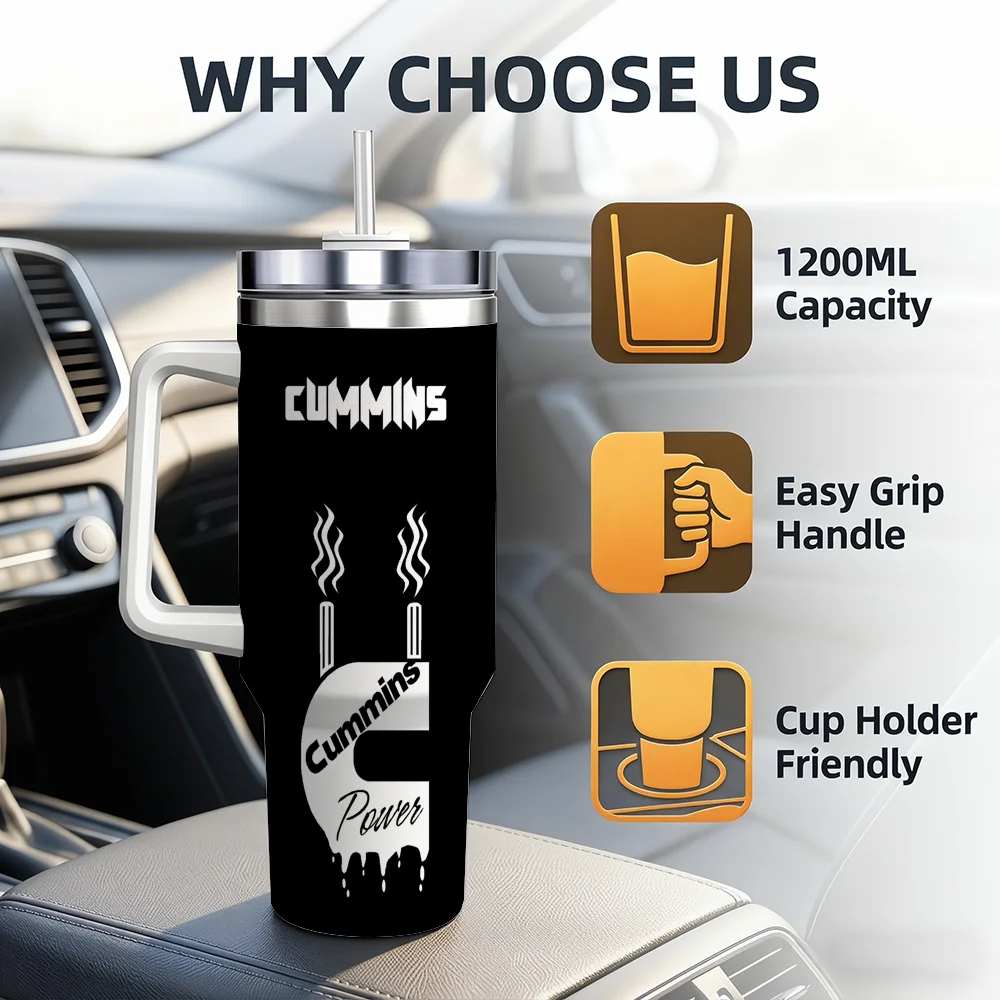 Powered by Cummins Vacuum Flasks 40oz Stainless Steel Insulated Tumbler with Handle Straw