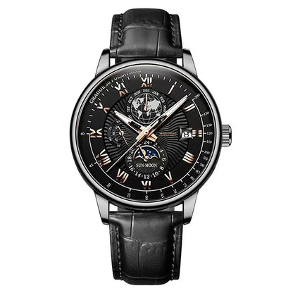 2025 Mens Watch Chronograph Moon Phase Pattern Luminous Top Luxury Sport Male Wristwatch Leather Men Quartz Watches Casual Clock