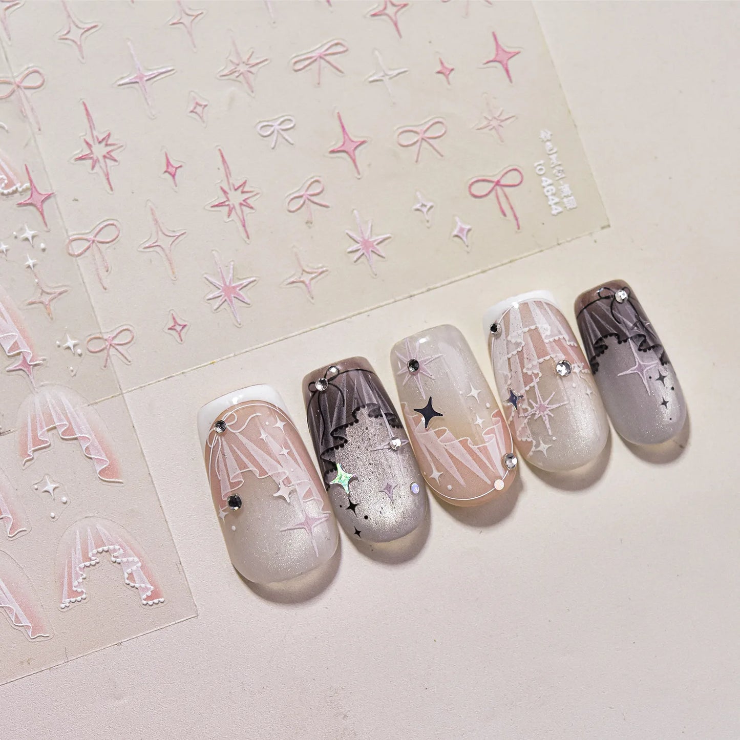Thin and Tough Nails Sticker 3D Cute Pink Starry Sky Nail Art Stickers Long Bows Ribbon Self Adhesive Nail Decoration Decals DIY