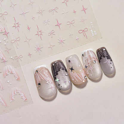 Thin and Tough Nails Sticker 3D Cute Pink Starry Sky Nail Art Stickers Long Bows Ribbon Self Adhesive Nail Decoration Decals DIY