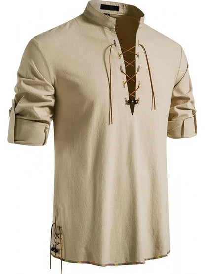 Men's Pure Cotton Retro Lace Up Shirts, Renaissance Pirate Viking Medieval Style, T-shirt for daily leisure and Halloween stage
