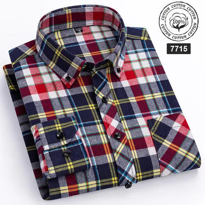 Autumn Thick Flannel Shirt Plaid Shirts Standard-Fit  For Men Long Sleeve Pure Cotton Fashion Single Patch Pocket Design Young