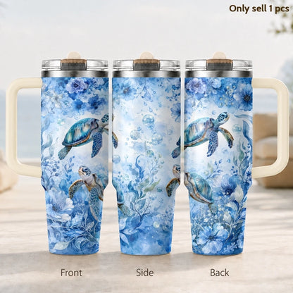 Marine Animal Turtle Vacuum Flasks 40oz 3rd Gen Vacuum Insulated Stainless Steel Tumbler Cup with Handle Straw Lid for Gifts