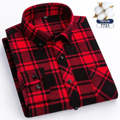 Autumn Thick Flannel Shirt Plaid Shirts Standard-Fit  For Men Long Sleeve Pure Cotton Fashion Single Patch Pocket Design Young