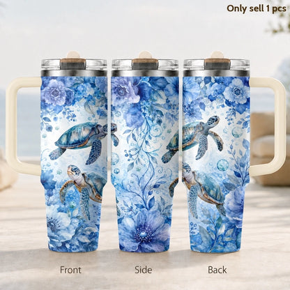 Marine Animal Turtle Vacuum Flasks 40oz 3rd Gen Vacuum Insulated Stainless Steel Tumbler Cup with Handle Straw Lid for Gifts