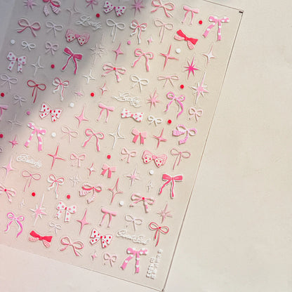 Thin and Tough Nails Sticker 3D Cute Pink Starry Sky Nail Art Stickers Long Bows Ribbon Self Adhesive Nail Decoration Decals DIY