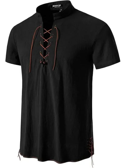 Men's Pure Cotton Retro Lace Up Shirts, Renaissance Pirate Viking Medieval Style, T-shirt for daily leisure and Halloween stage