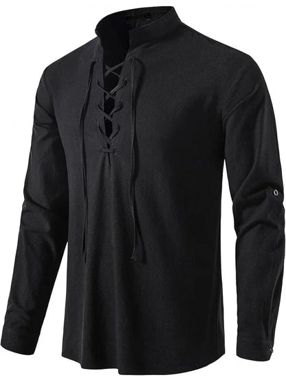 Men's Pure Cotton Retro Lace Up Shirts, Renaissance Pirate Viking Medieval Style, T-shirt for daily leisure and Halloween stage