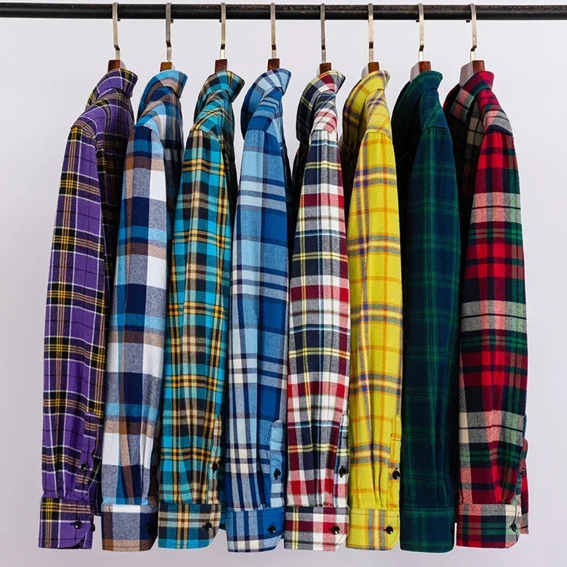 Autumn Thick Flannel Shirt Plaid Shirts Standard-Fit  For Men Long Sleeve Pure Cotton Fashion Single Patch Pocket Design Young