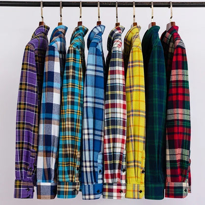 Autumn Thick Flannel Shirt Plaid Shirts Standard-Fit  For Men Long Sleeve Pure Cotton Fashion Single Patch Pocket Design Young