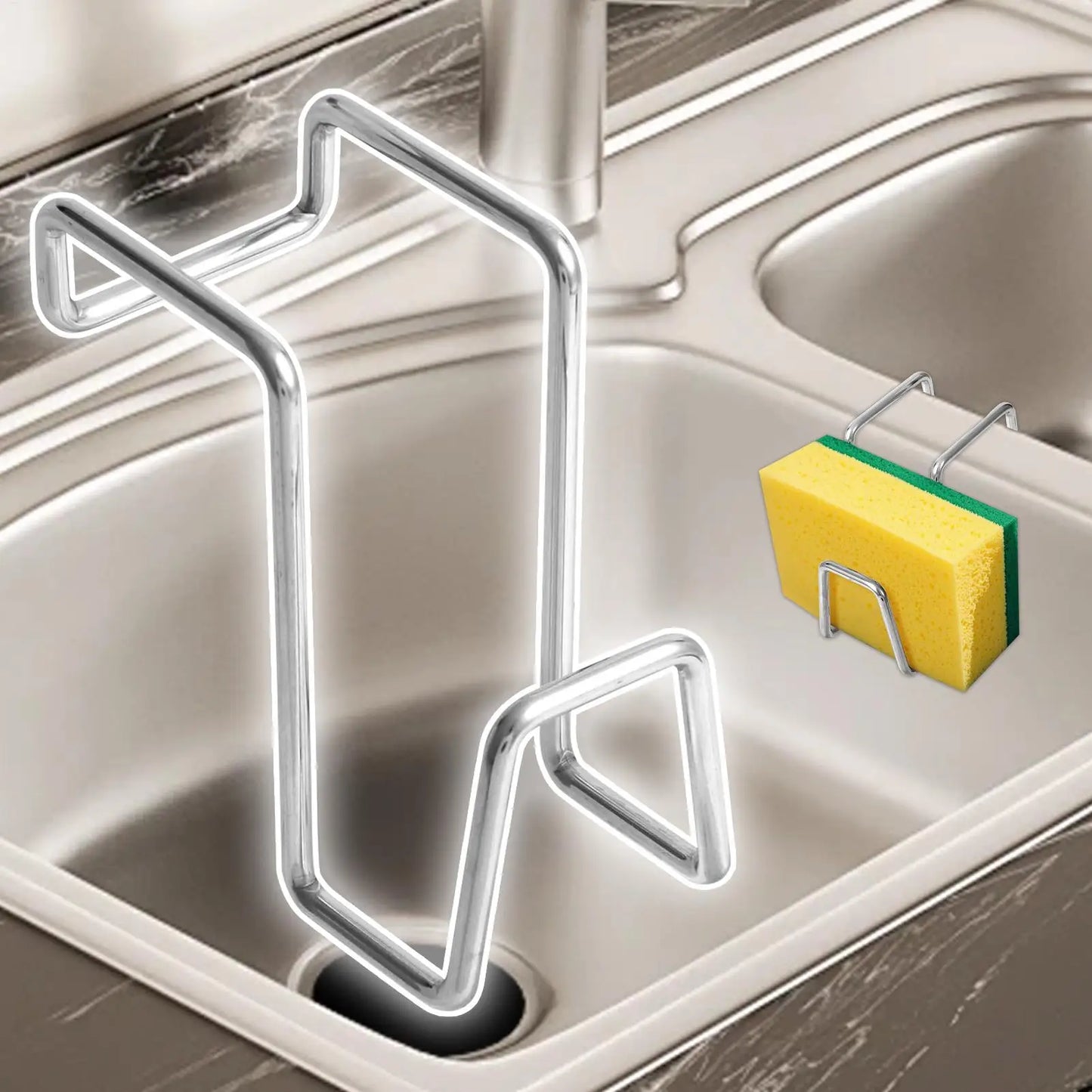 Sink sponge rack Double-Basin Sink Dish Sponge Holder Rack Removable Stainless Steel Stand Quick Draining Organizer