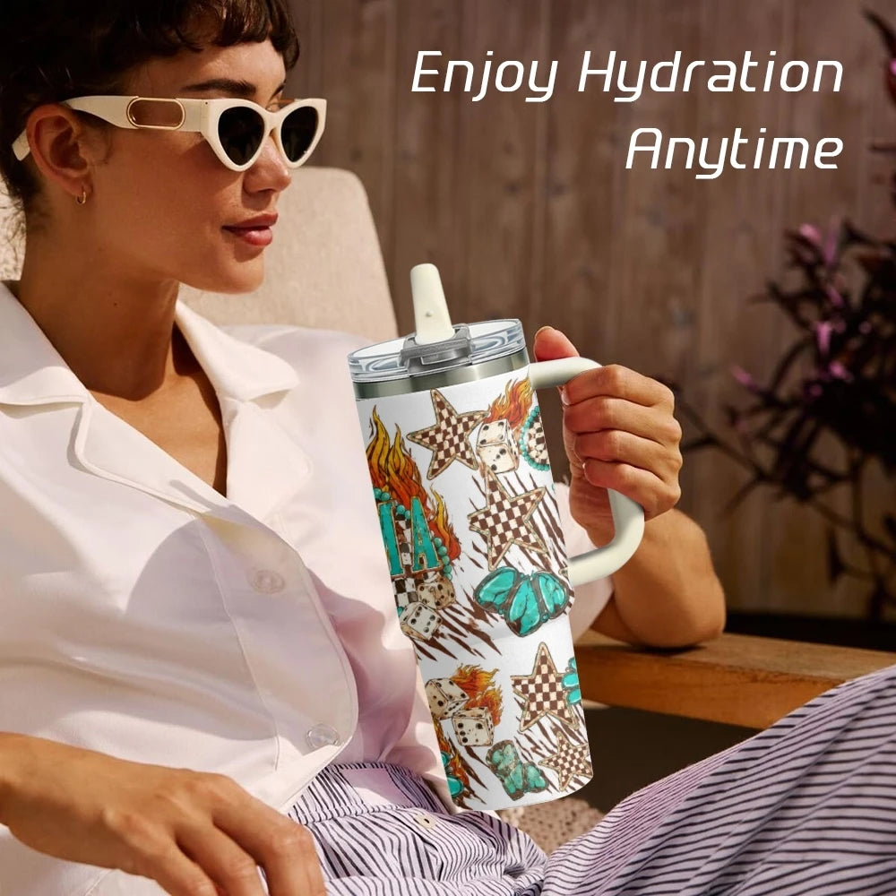 Turquoise Western Mama Vacuum Flasks 40oz 3rd Gen Vacuum Insulated Stainless Steel Tumbler Cup With Handle Straw Lid For Gifts