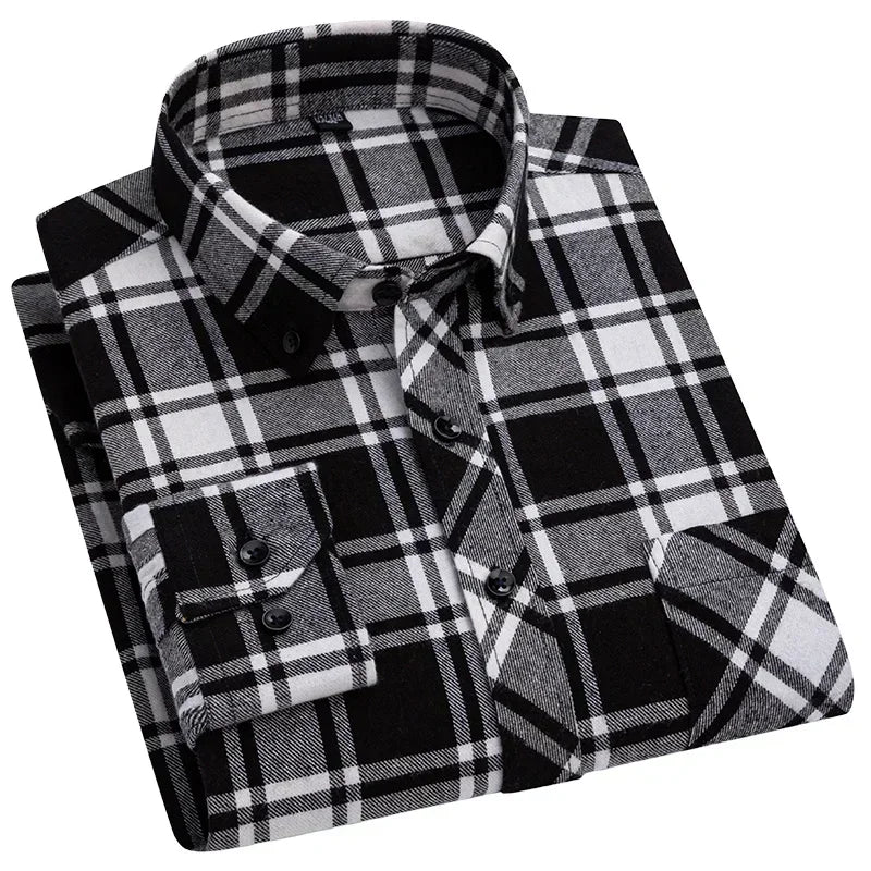 Autumn Thick Flannel Shirt Plaid Shirts Standard-Fit  For Men Long Sleeve Pure Cotton Fashion Single Patch Pocket Design Young