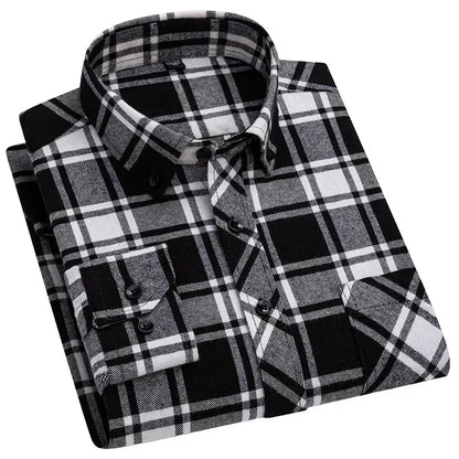 Autumn Thick Flannel Shirt Plaid Shirts Standard-Fit  For Men Long Sleeve Pure Cotton Fashion Single Patch Pocket Design Young