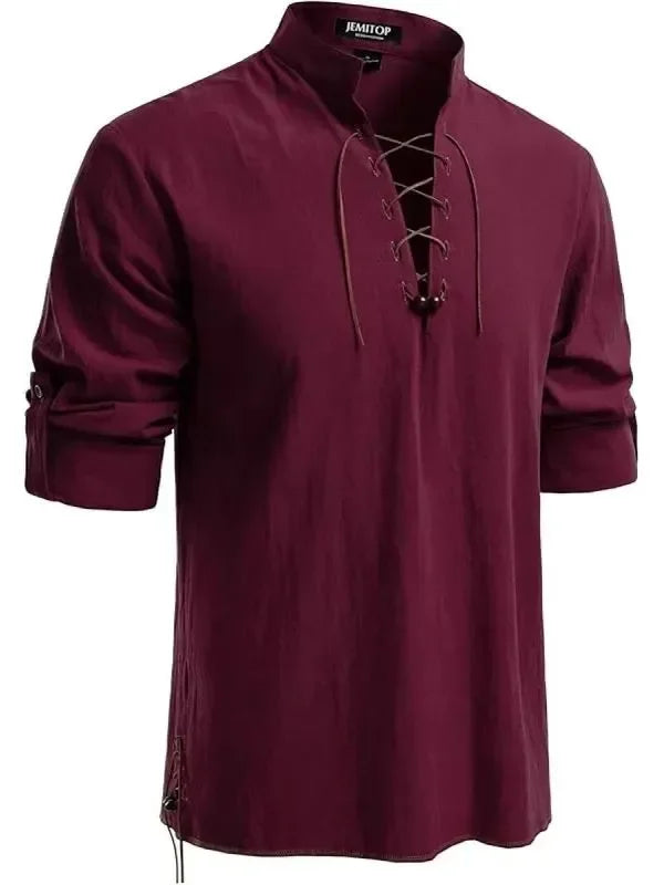 Men's Pure Cotton Retro Lace Up Shirts, Renaissance Pirate Viking Medieval Style, T-shirt for daily leisure and Halloween stage