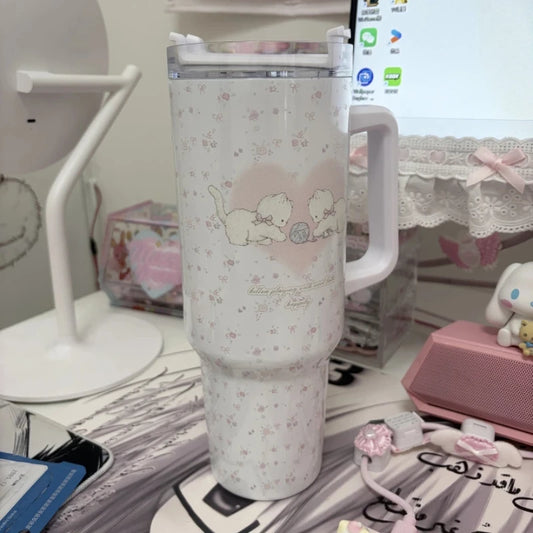 Large Cat Tumbler - Cute 304 Stainless Steel Straw Mug, Insulated Water Bottle for Home Car,Leak Proof Travel Cup,Gift for Women