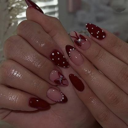 24Pc False Nails with Glue Almond Black Red Gradient Design Detachable Rhinestone Acrylic Fake Nail Long Stiletto Press on Nails