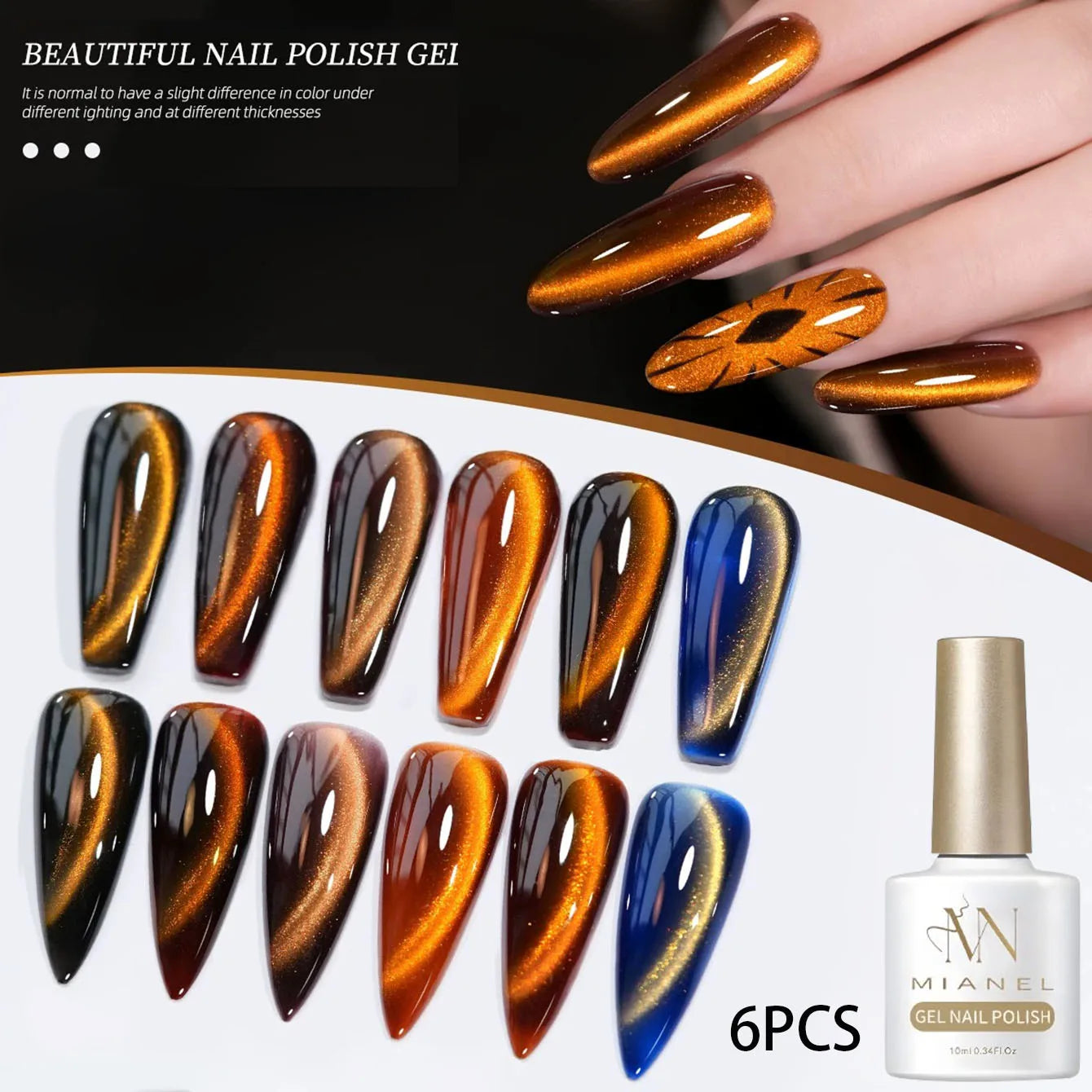 MIANEL 10ml Winter Nails Sea Sunset Golden Light Cat Eye Gel Nail Polish Satin Glass Beads Nail Polish Black Nails 1-10pcs
