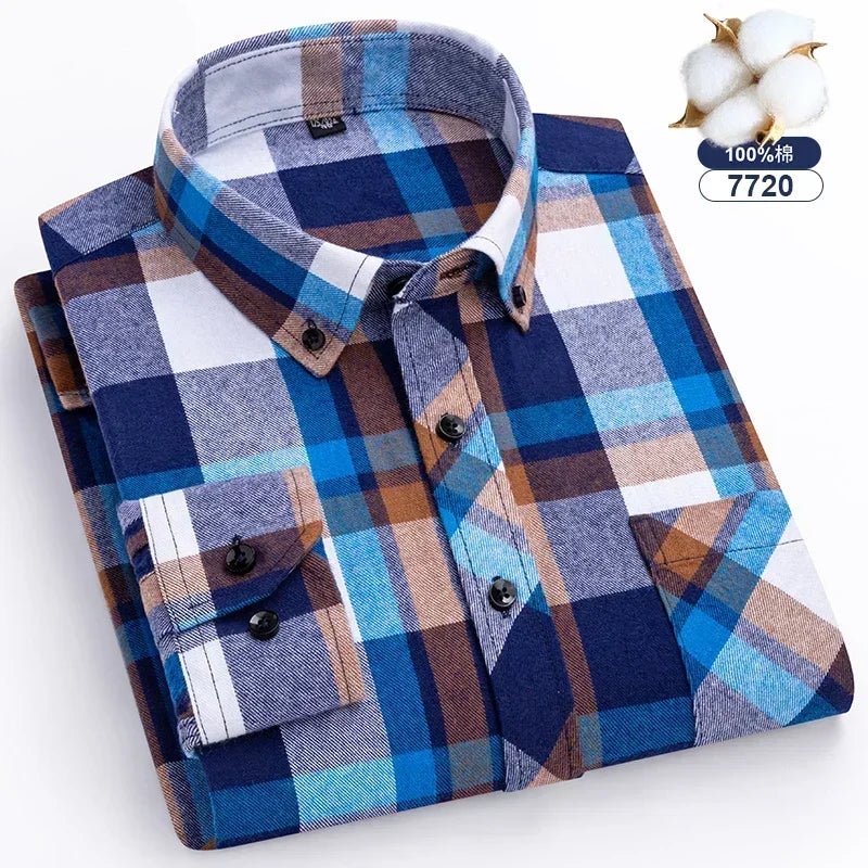 Autumn Thick Flannel Shirt Plaid Shirts Standard-Fit  For Men Long Sleeve Pure Cotton Fashion Single Patch Pocket Design Young
