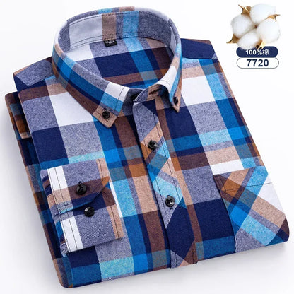 Autumn Thick Flannel Shirt Plaid Shirts Standard-Fit  For Men Long Sleeve Pure Cotton Fashion Single Patch Pocket Design Young