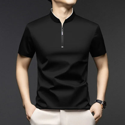 2025 New Men's Casual Fashion Zipper Solid Color Short Sleeved Polo Shirt Stand Up Collar Versatile Comfortable Top
