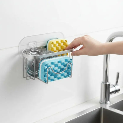 Sink Organizer - Stainless Steel Suction Sponge Stand - Fast-Draining, Easy-Clean Holder with Hook for Modern Kitchens