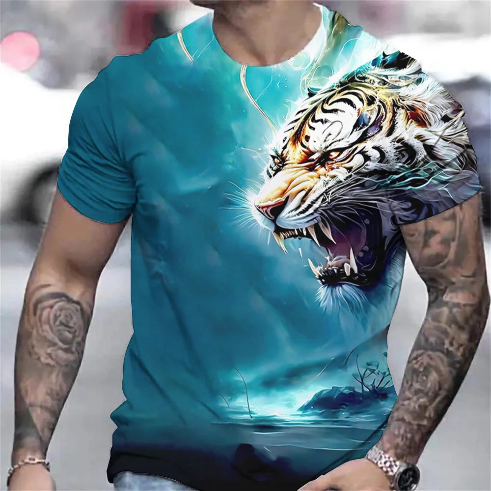 Tiger Print T-Shirt 3D Animal Men's Shirts Summer Short Sleeved Male Pullover Oversized T-shirts Casual Tops Tees Men Clothing