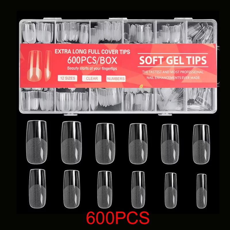 600 Square Nail Tips Artificial Full Cover Nail Tips Soft Transparent Gel Nail Tips 12 Sizes of Acrylic Square Press-On Nails