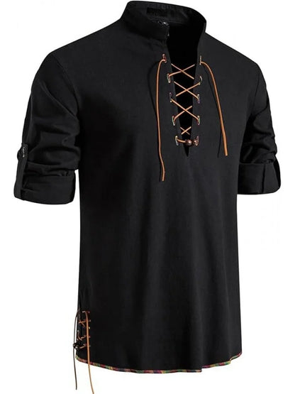 Men's Pure Cotton Retro Lace Up Shirts, Renaissance Pirate Viking Medieval Style, T-shirt for daily leisure and Halloween stage