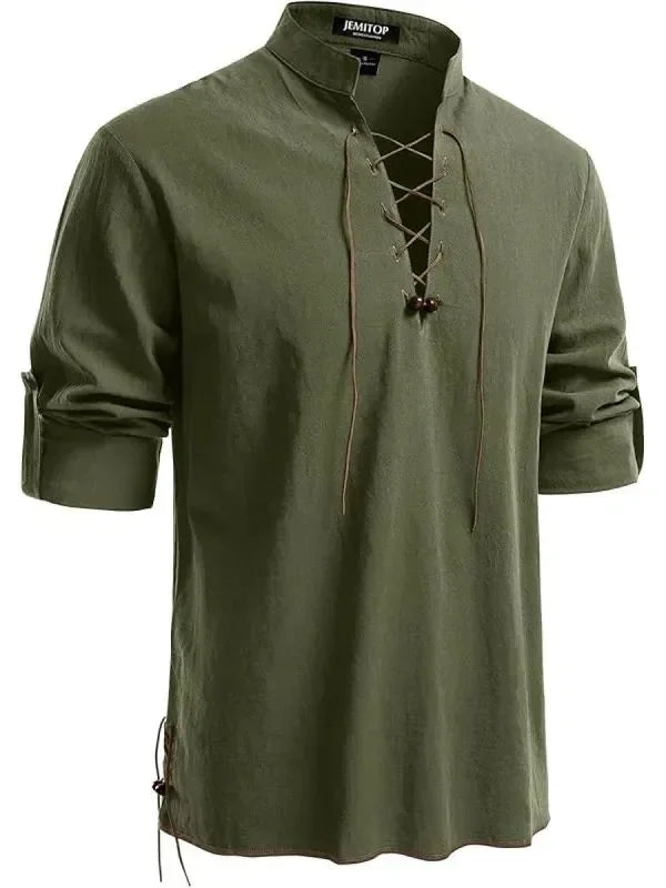 Men's Pure Cotton Retro Lace Up Shirts, Renaissance Pirate Viking Medieval Style, T-shirt for daily leisure and Halloween stage