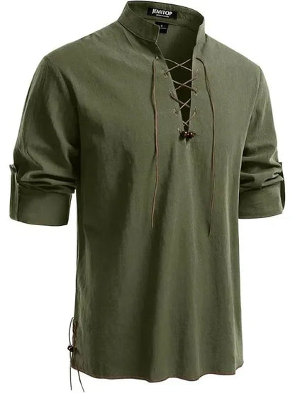 Men's Pure Cotton Retro Lace Up Shirts, Renaissance Pirate Viking Medieval Style, T-shirt for daily leisure and Halloween stage