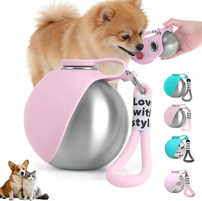 Dog Water Bottle with Removable Silicone Bowl,285ml Stainless Steel Construction, Leak-Proof for Outdoor Activities Like Walking