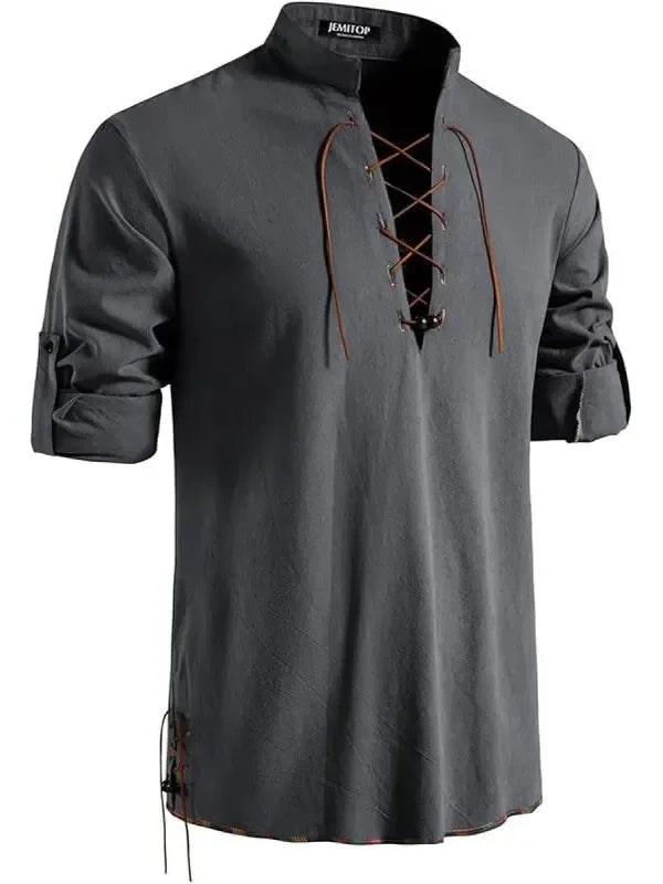 Men's Pure Cotton Retro Lace Up Shirts, Renaissance Pirate Viking Medieval Style, T-shirt for daily leisure and Halloween stage