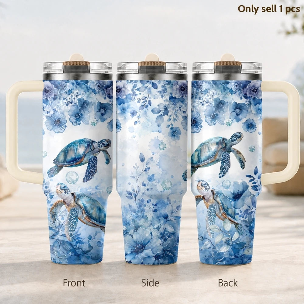 Marine Animal Turtle Vacuum Flasks 40oz 3rd Gen Vacuum Insulated Stainless Steel Tumbler Cup with Handle Straw Lid for Gifts