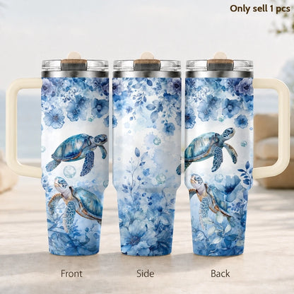 Marine Animal Turtle Vacuum Flasks 40oz 3rd Gen Vacuum Insulated Stainless Steel Tumbler Cup with Handle Straw Lid for Gifts