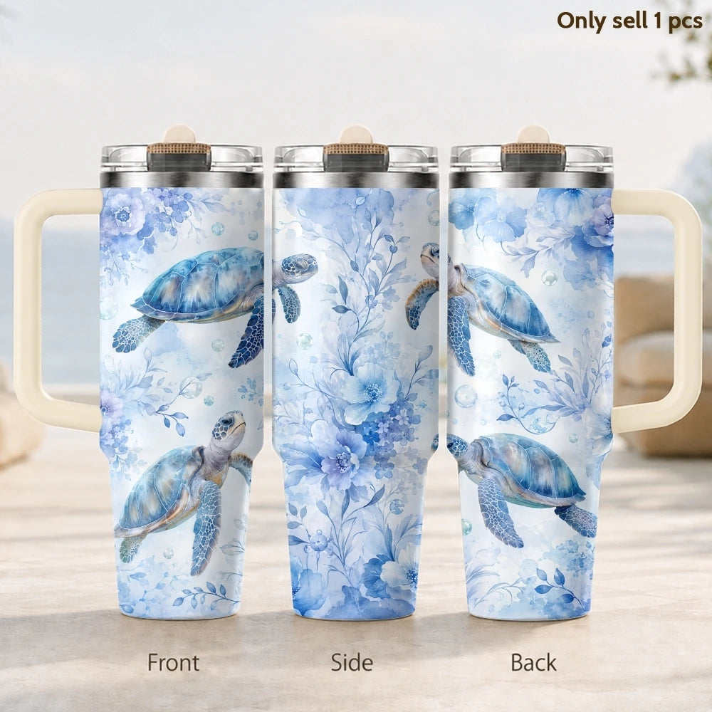 Marine Animal Turtle Vacuum Flasks 40oz 3rd Gen Vacuum Insulated Stainless Steel Tumbler Cup with Handle Straw Lid for Gifts