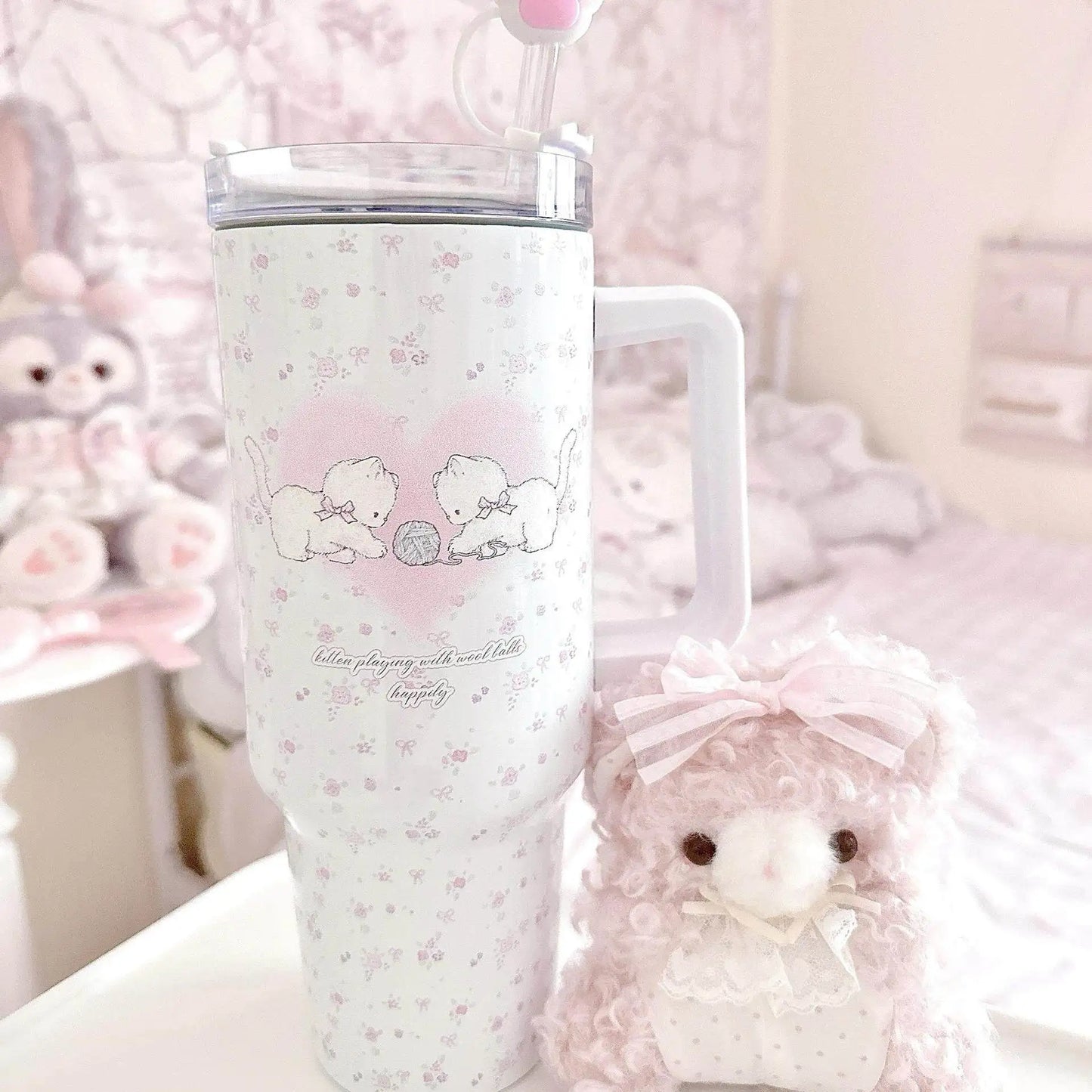 Large Cat Tumbler - Cute 304 Stainless Steel Straw Mug, Insulated Water Bottle for Home Car,Leak Proof Travel Cup,Gift for Women