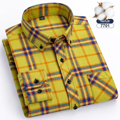 Autumn Thick Flannel Shirt Plaid Shirts Standard-Fit  For Men Long Sleeve Pure Cotton Fashion Single Patch Pocket Design Young